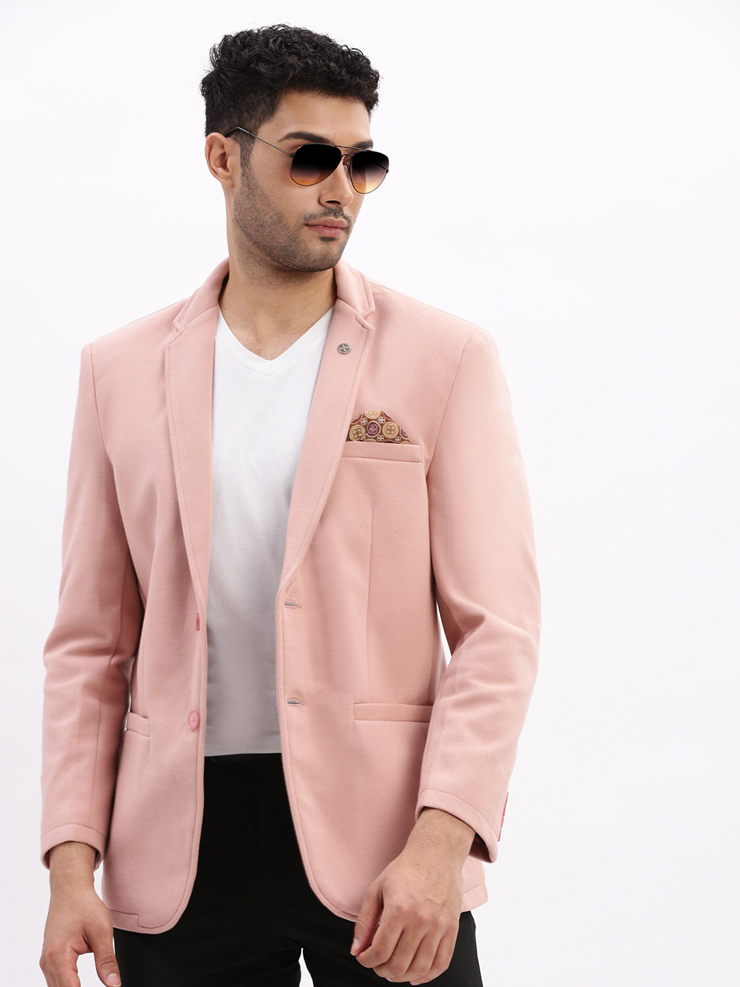 Men Peach Solid Single Breasted Blazer