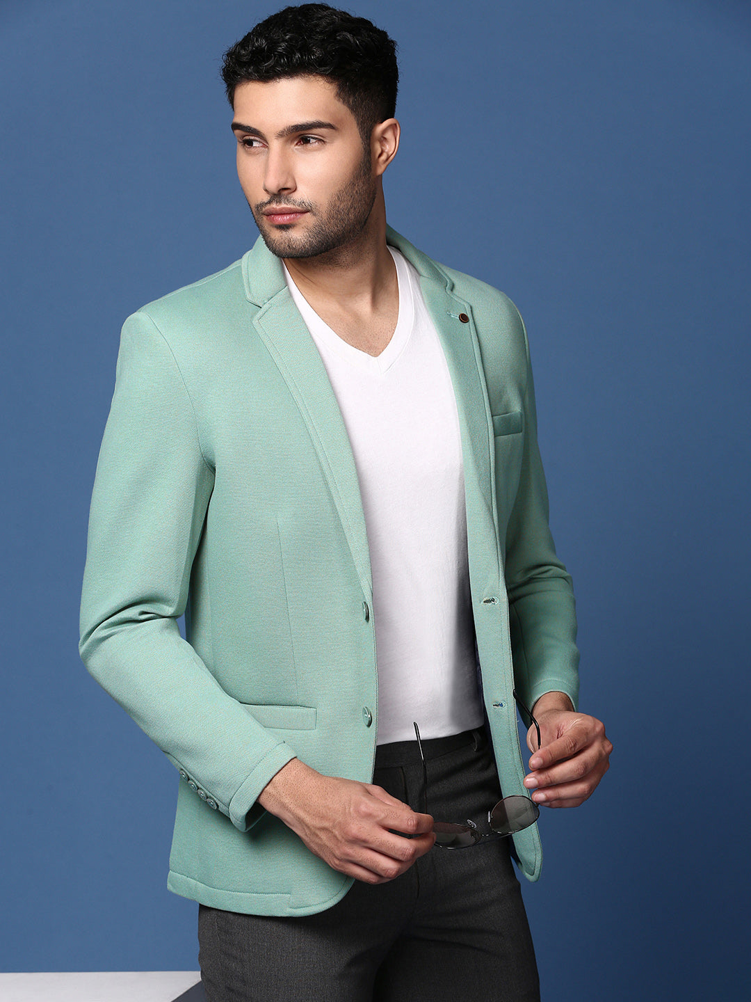 Men Sea Green Solid Single Breasted Blazer