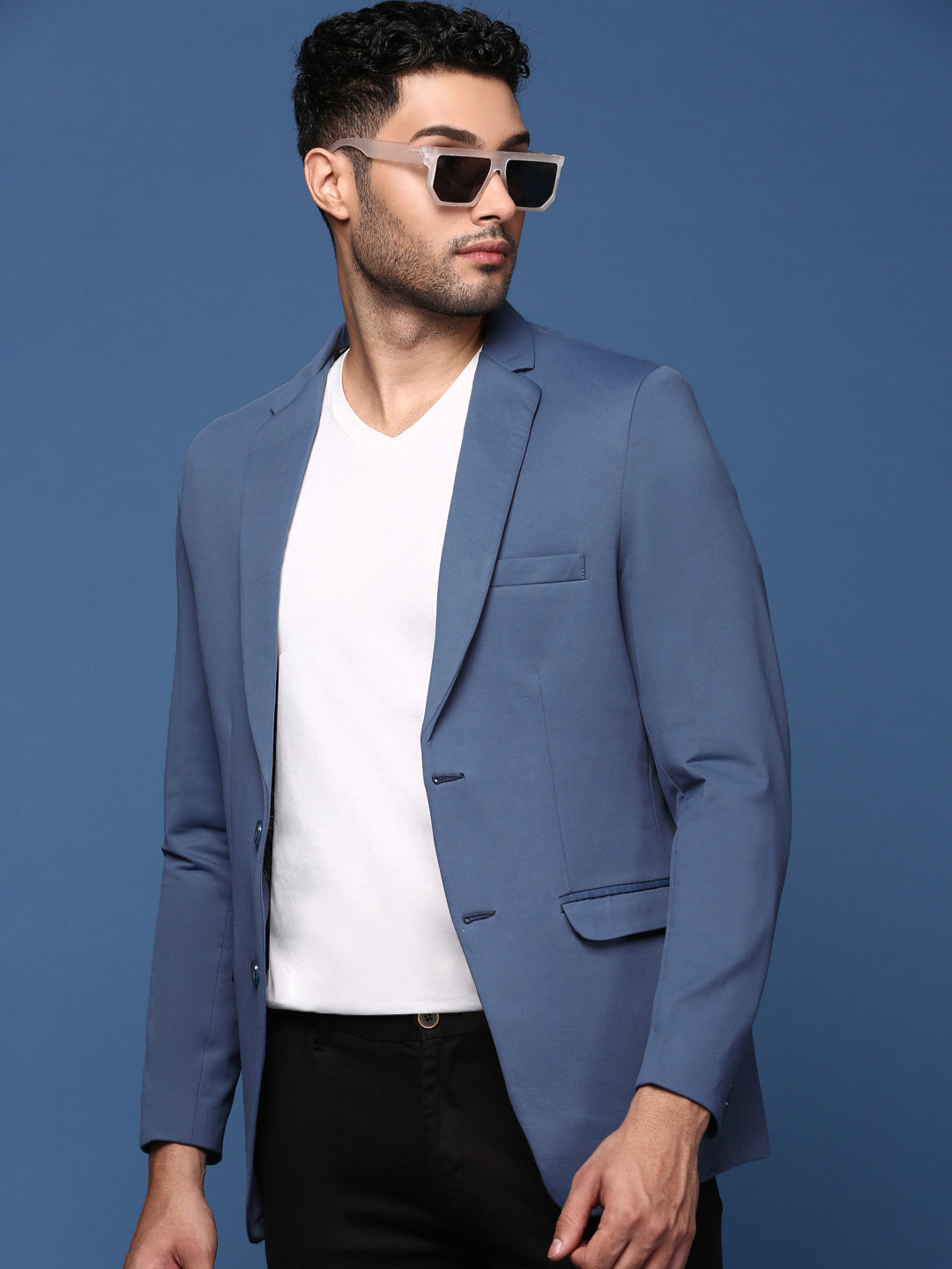 Men Blue Slim Fit Single Breasted Blazer