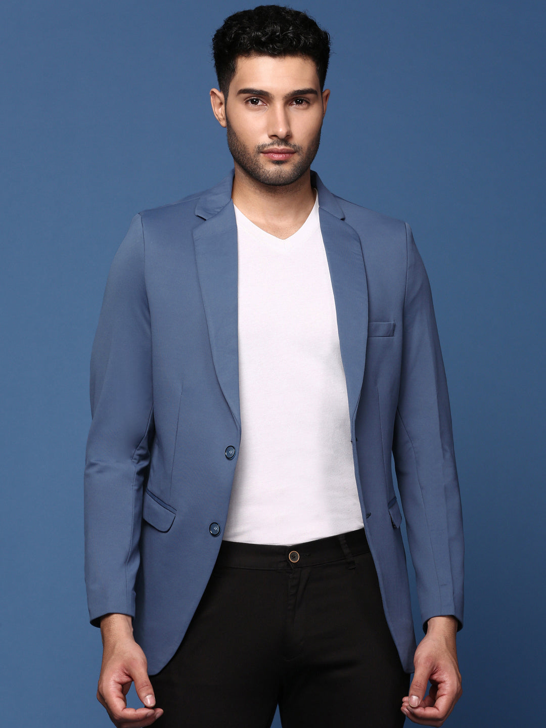 Men Blue Slim Fit Single Breasted Blazer