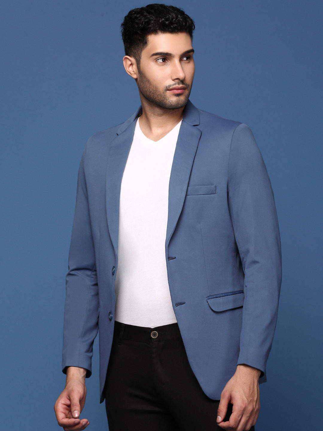 Men Blue Slim Fit Single Breasted Blazer