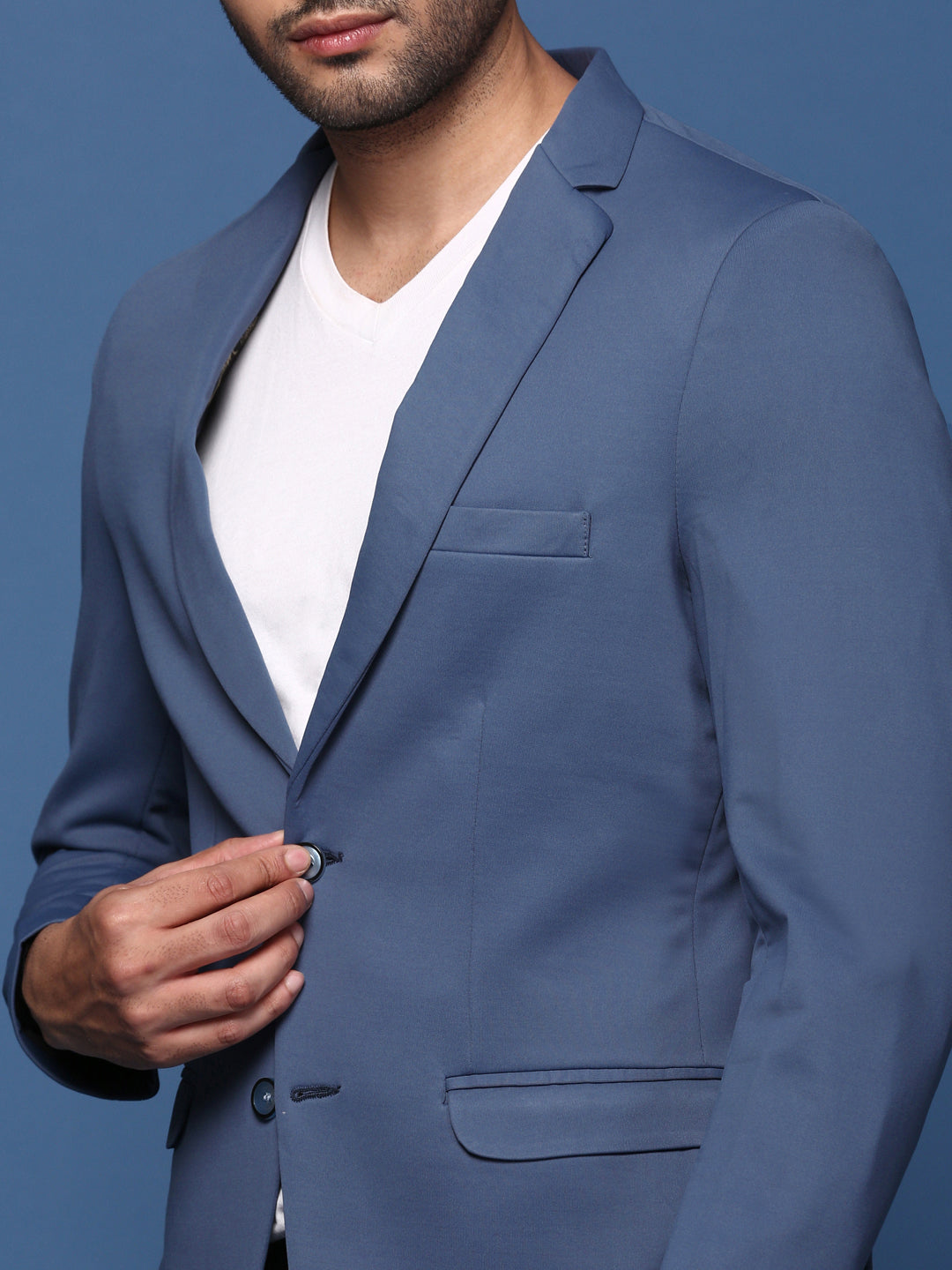 Men Blue Slim Fit Single Breasted Blazer