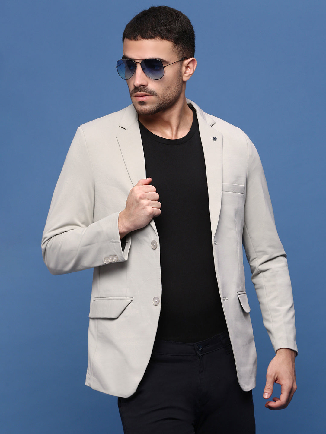 Men Cream Solid Single Breasted Blazer