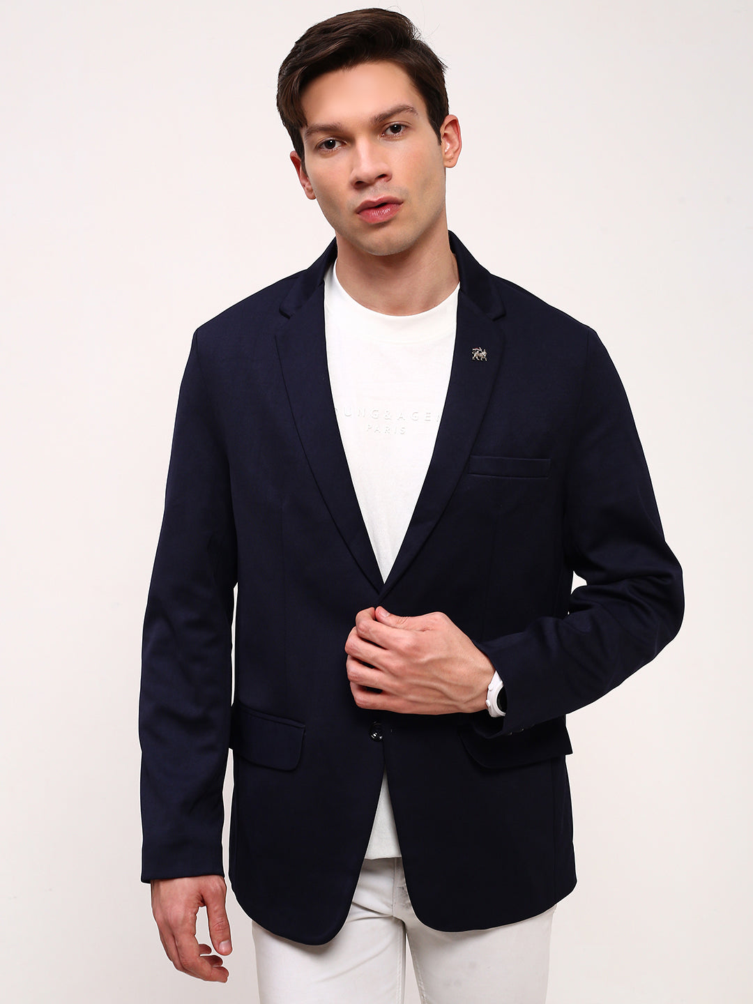 Men Navy Blue Solid Single Breasted Blazer