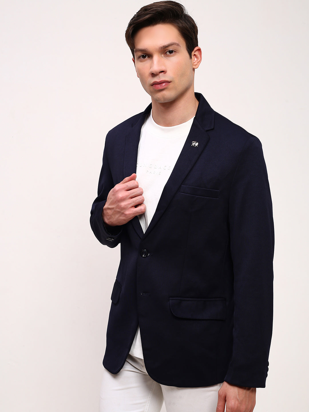 Men Navy Blue Solid Single Breasted Blazer