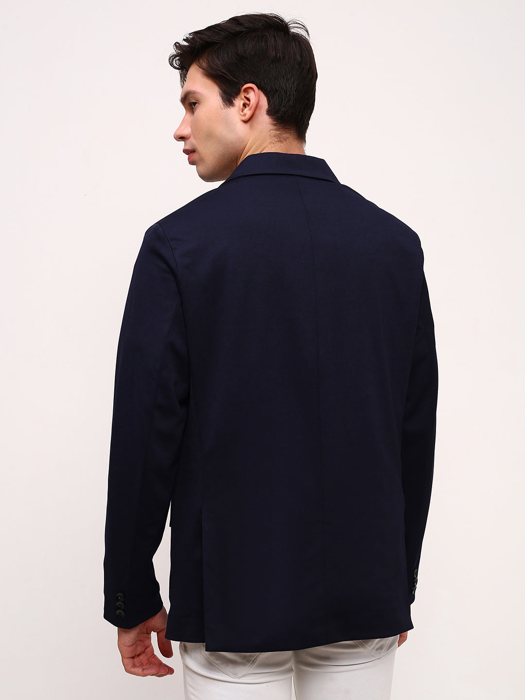 Men Navy Blue Solid Single Breasted Blazer