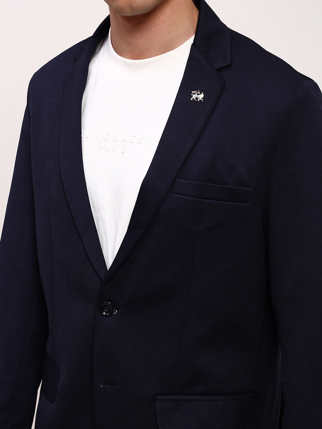 Men Navy Blue Solid Single Breasted Blazer