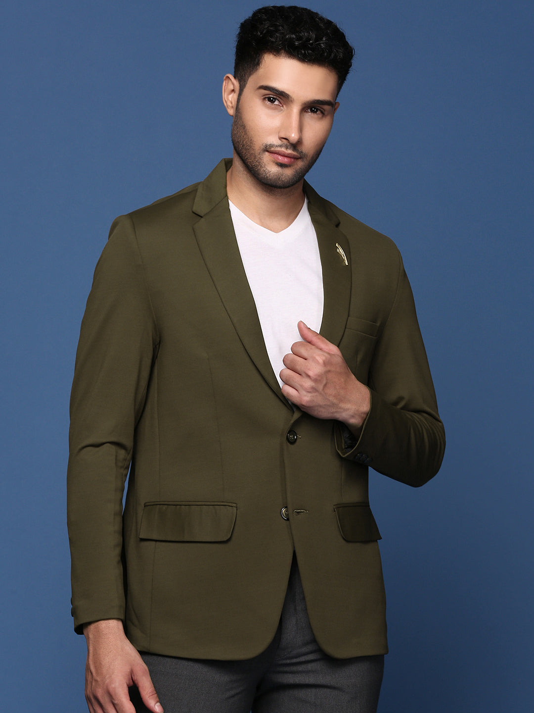 Men Olive Slim Fit Single Breasted Blazer