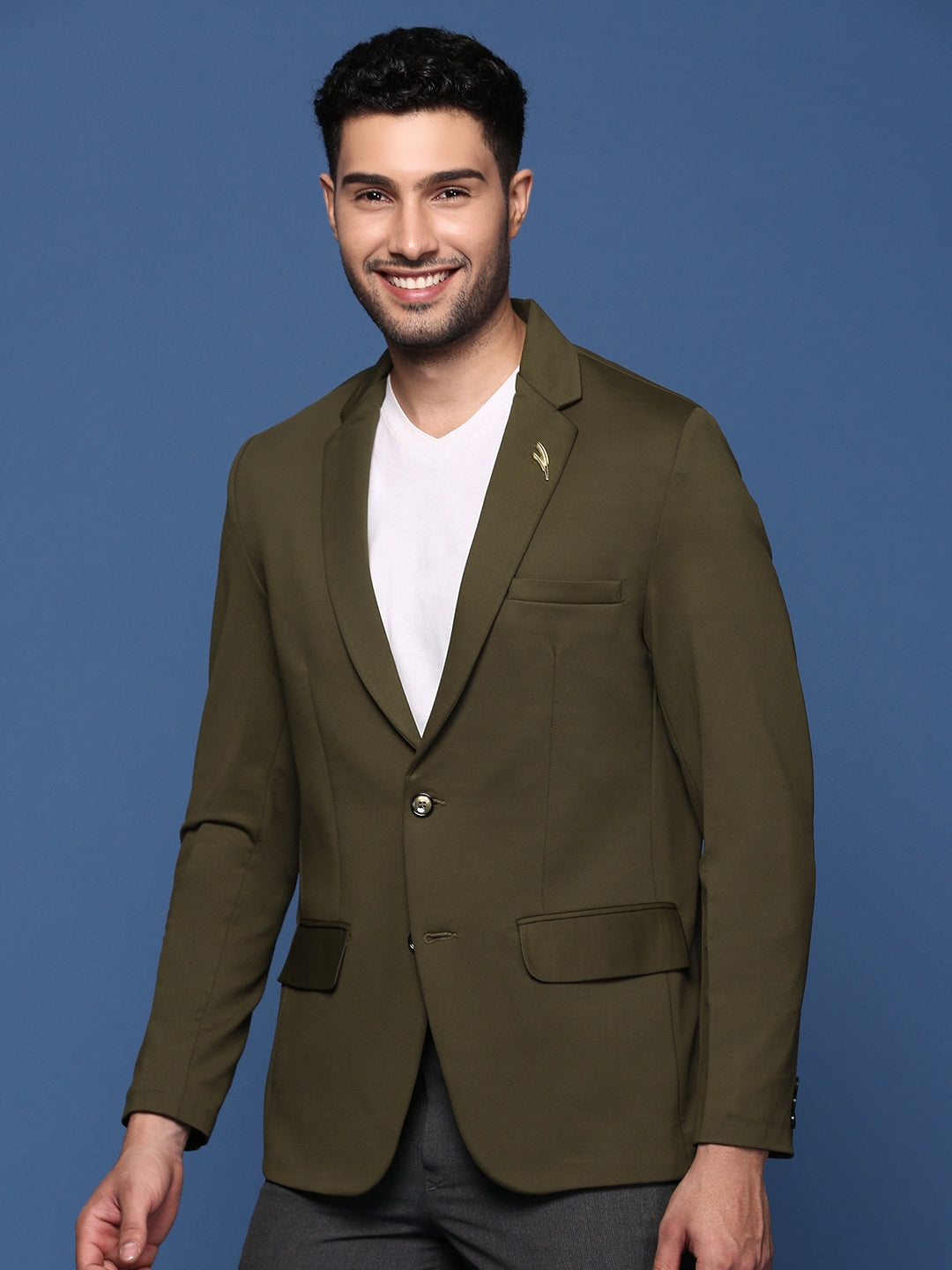 Men Olive Slim Fit Single Breasted Blazer