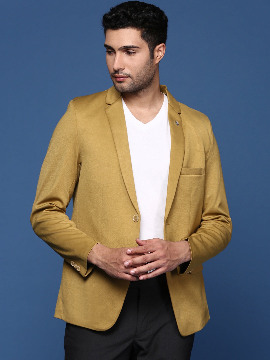 Men Mustard Slim Fit Single Breasted Blazer