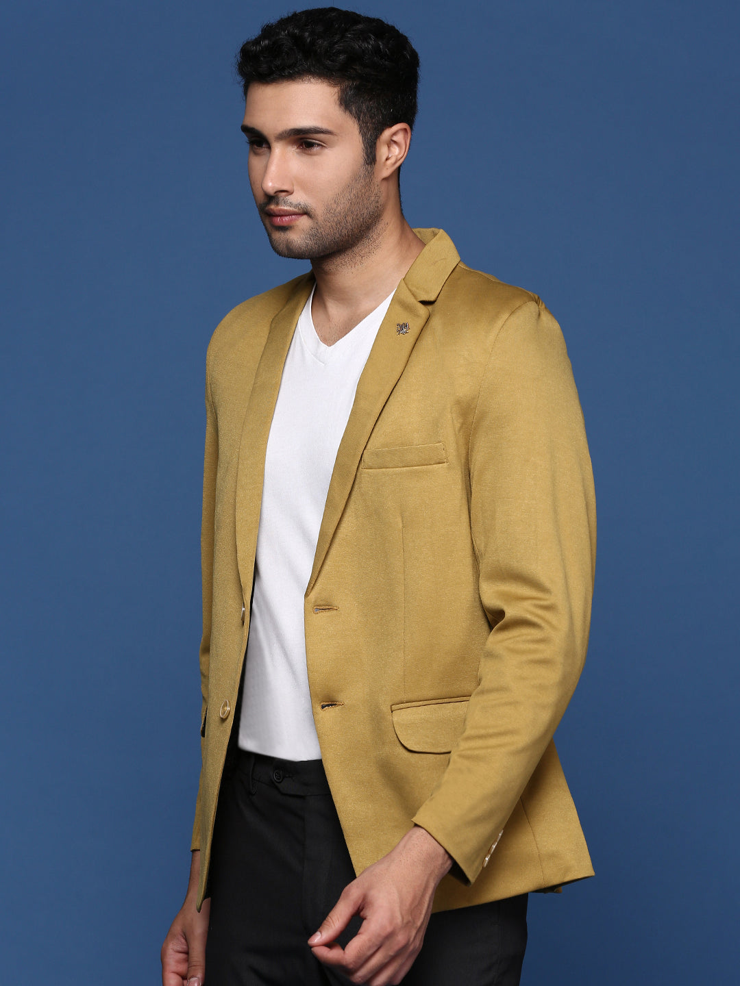 Men Mustard Slim Fit Single Breasted Blazer