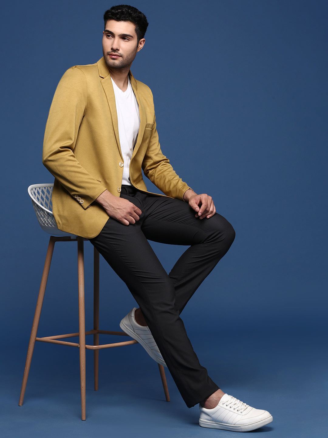 Men Mustard Slim Fit Single Breasted Blazer