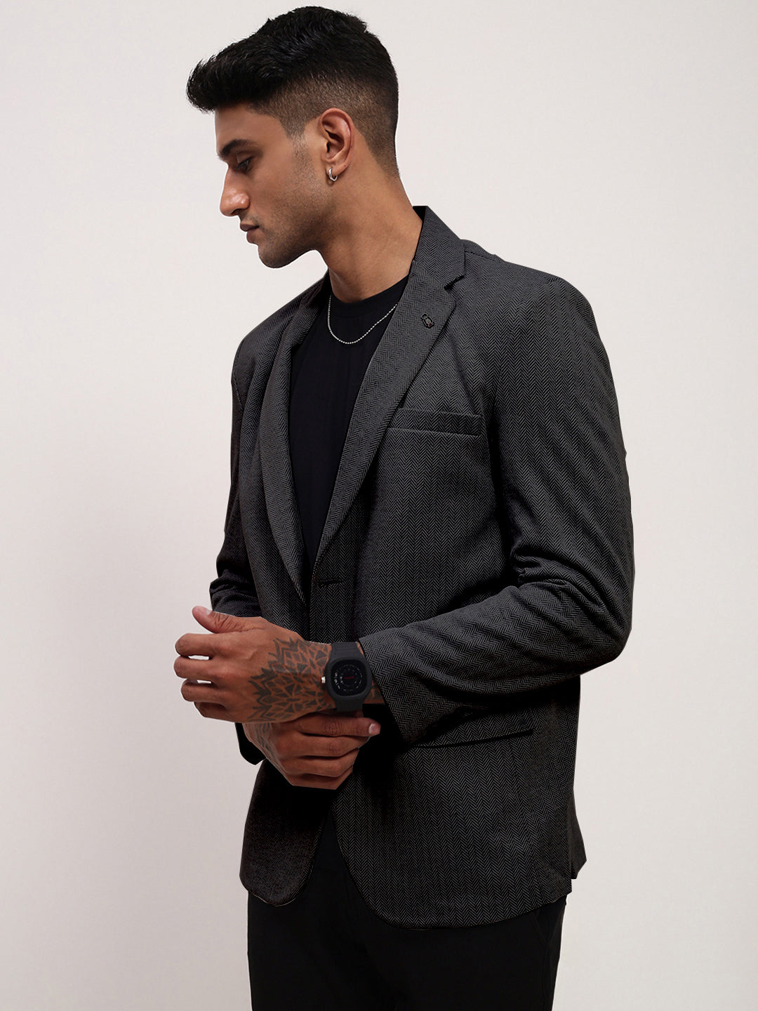 Men Charcoal Self Design Single Breasted Blazer