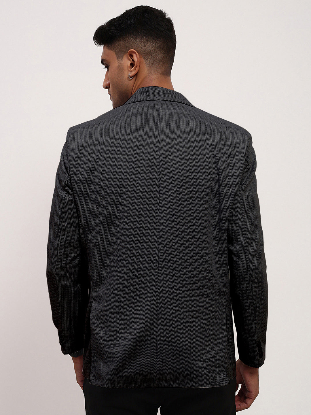 Men Charcoal Self Design Single Breasted Blazer