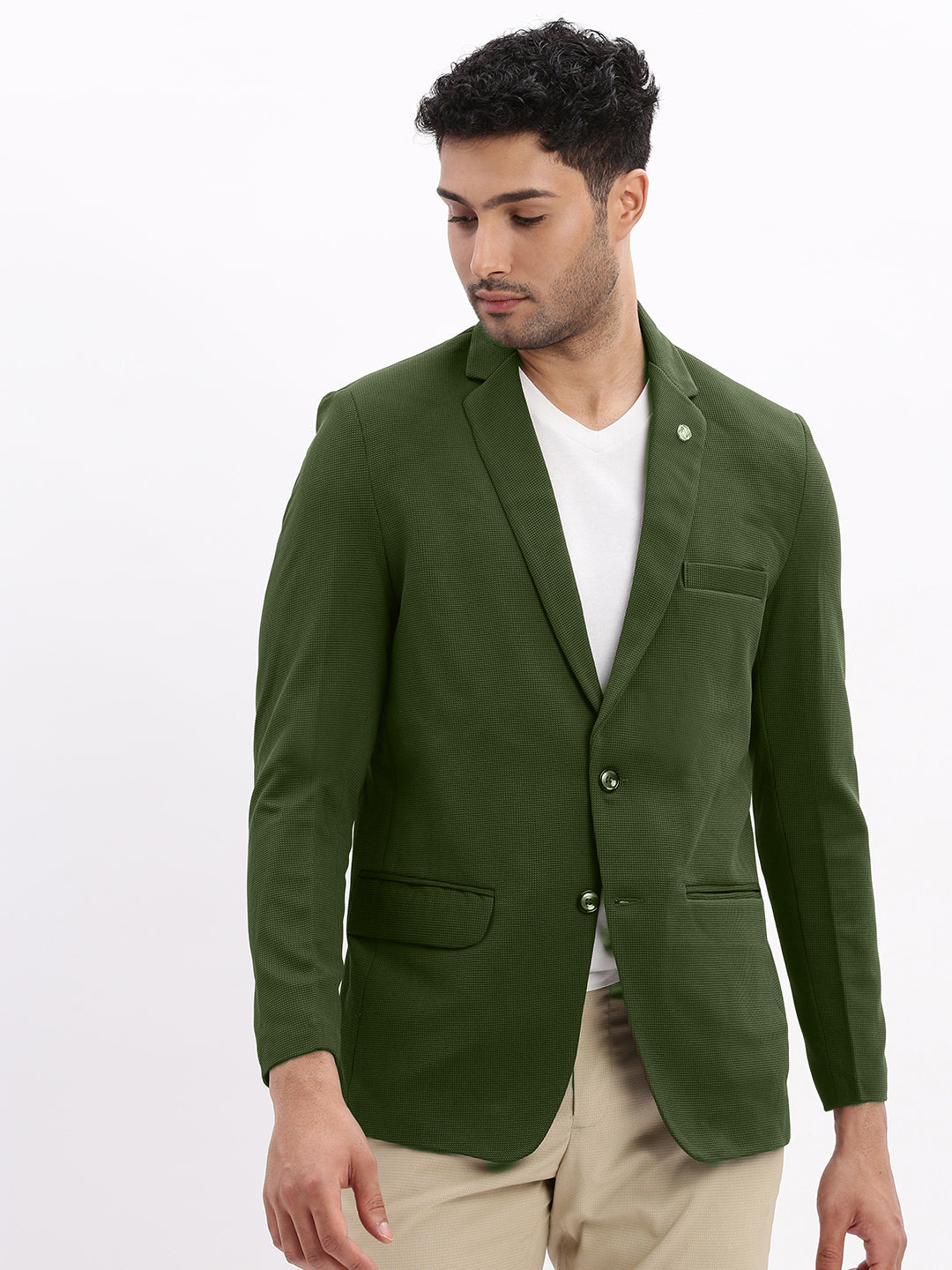 Men Green Solid Single Breasted Blazer