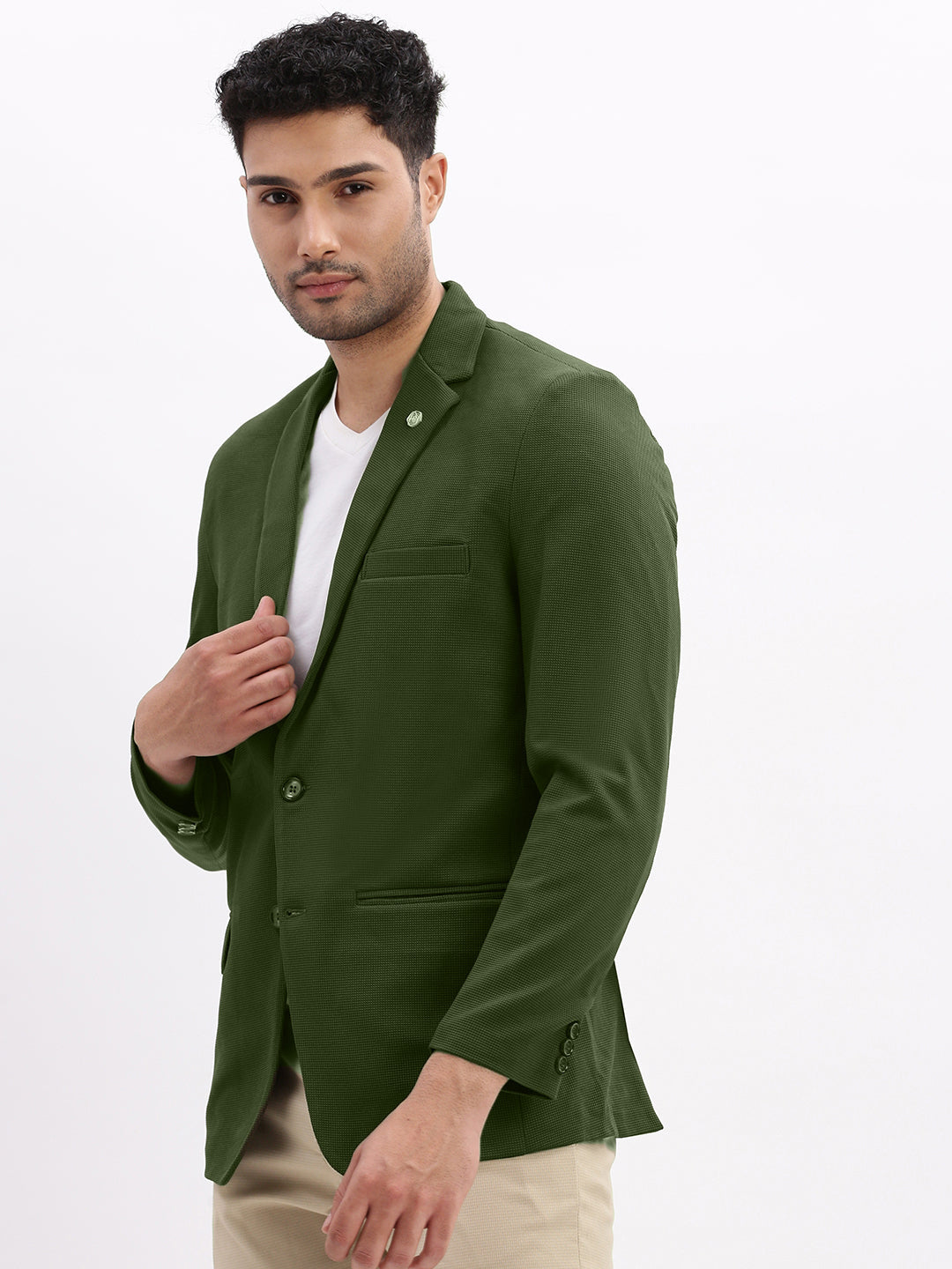 Men Green Solid Single Breasted Blazer