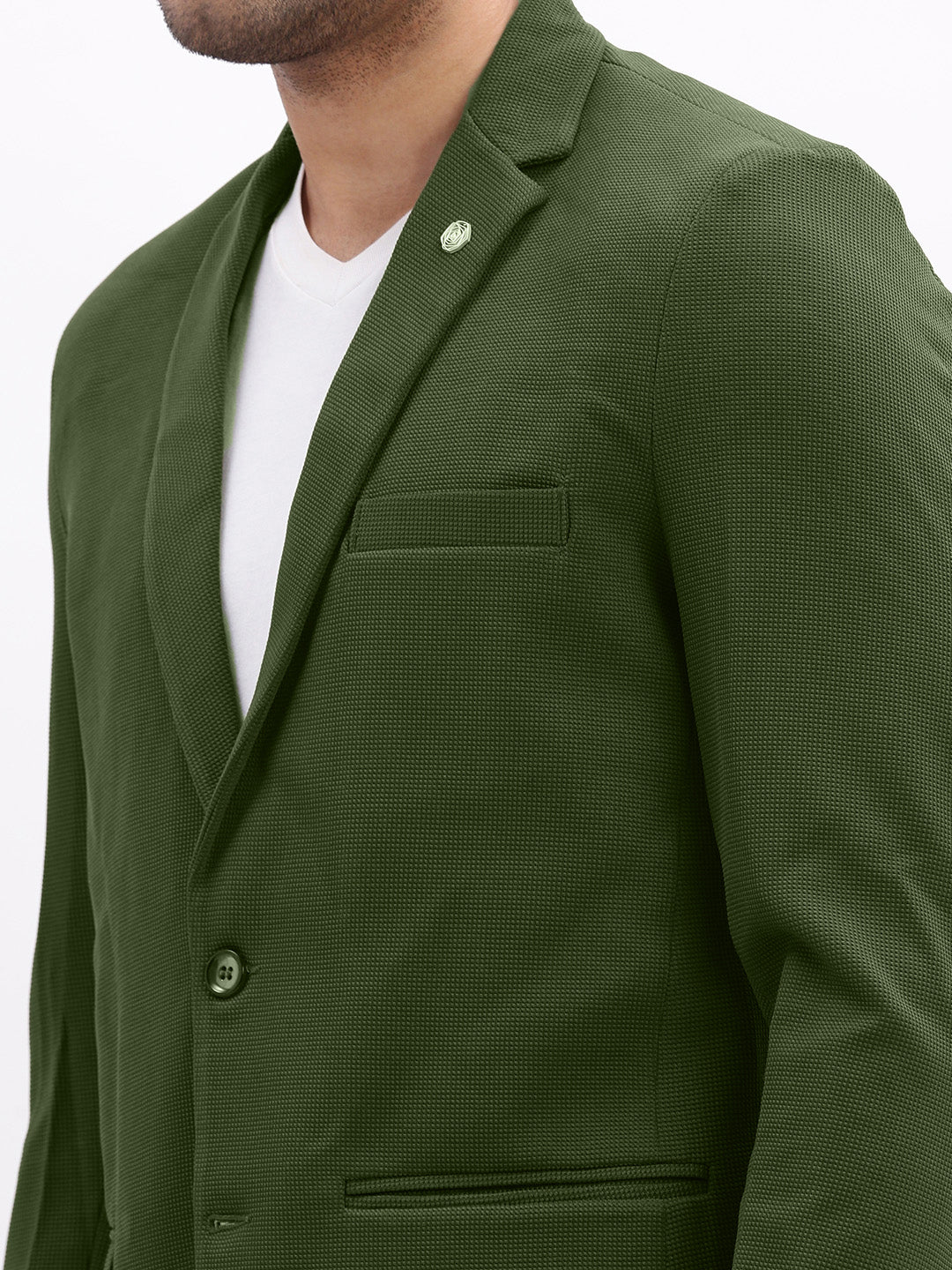 Men Green Solid Single Breasted Blazer