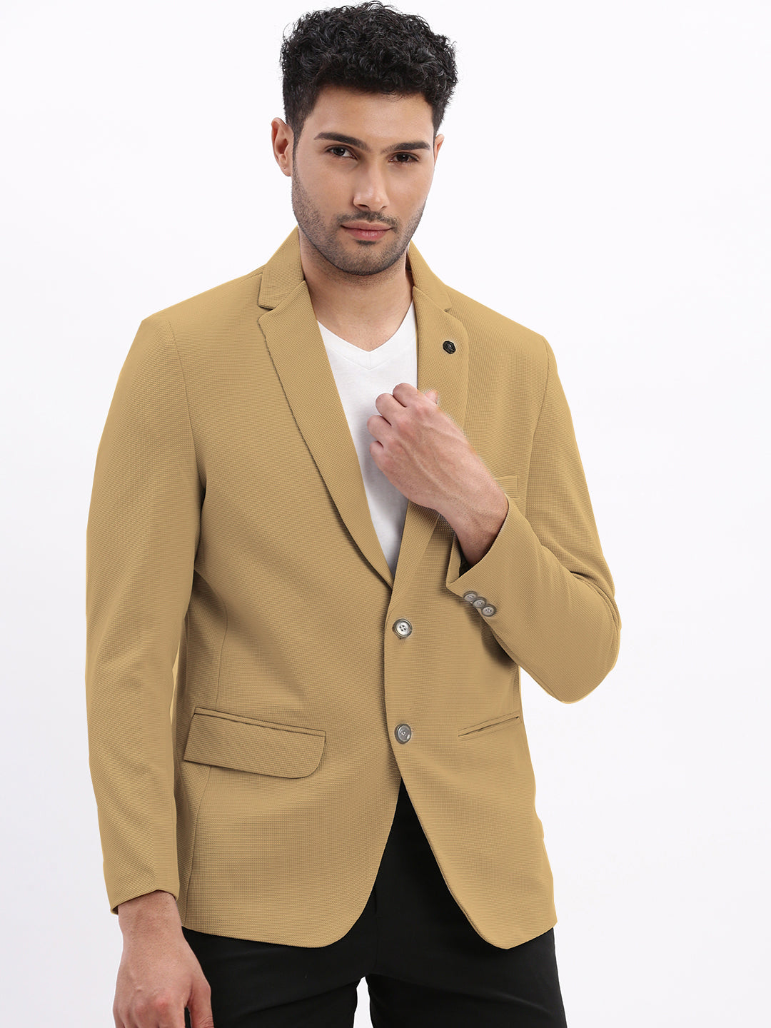 Men Beige Solid Single Breasted Blazer