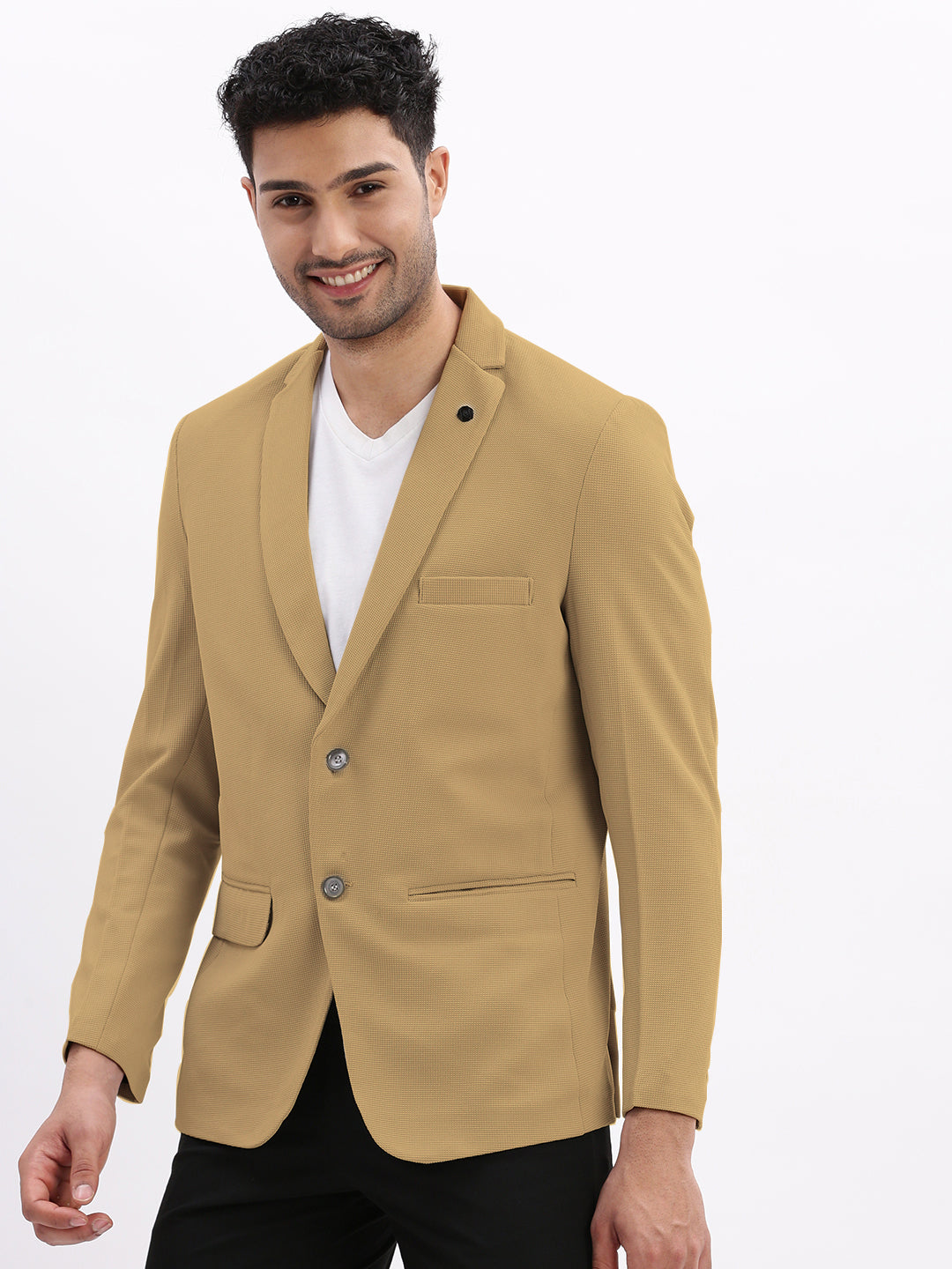 Men Beige Solid Single Breasted Blazer