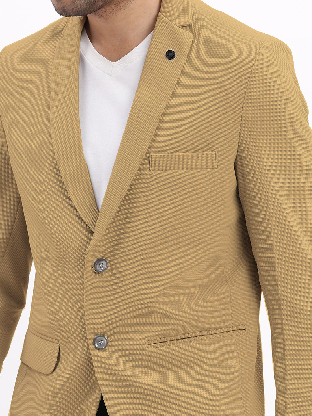 Men Beige Solid Single Breasted Blazer