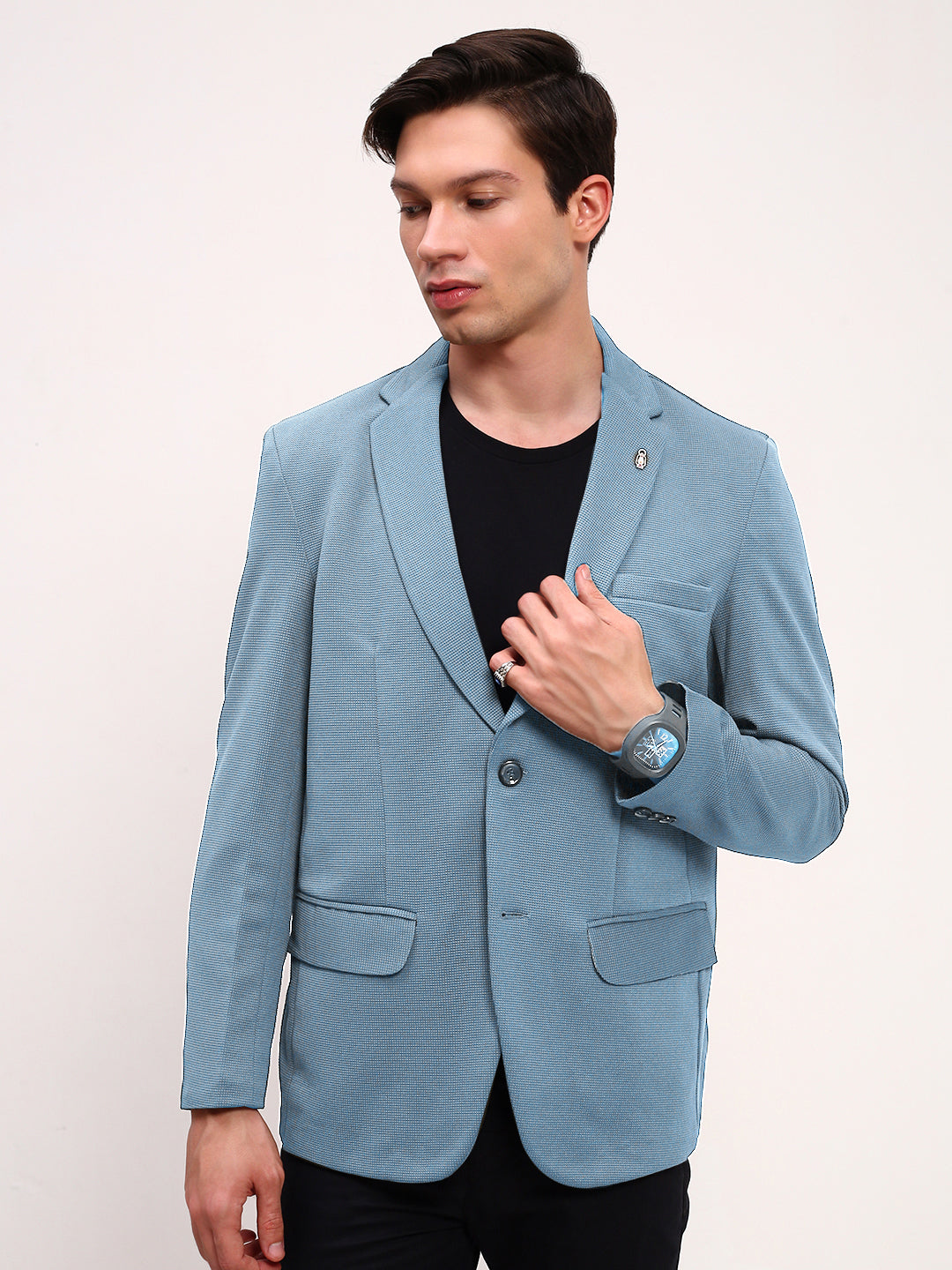 Men Blue Solid Single Breasted Blazer