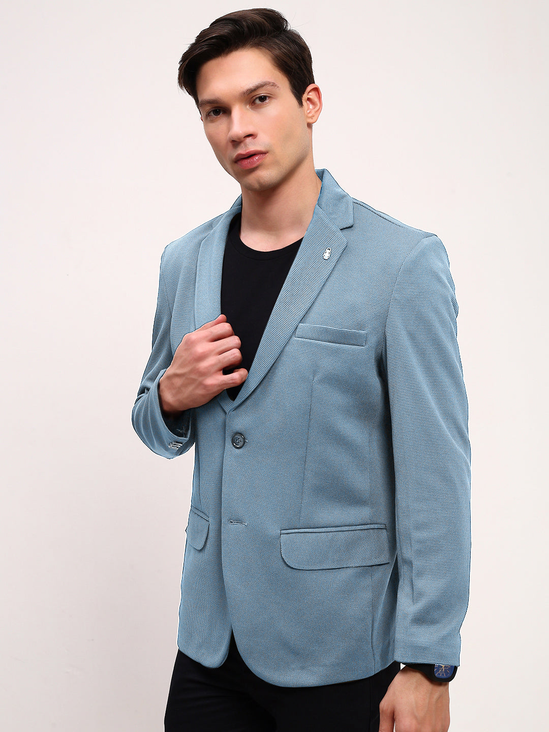 Men Blue Solid Single Breasted Blazer