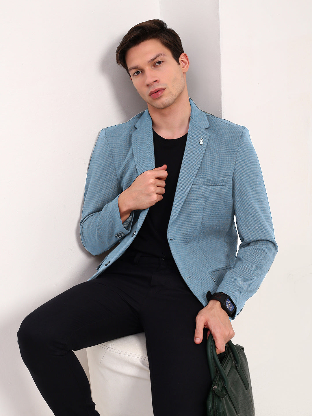 Men Blue Solid Single Breasted Blazer