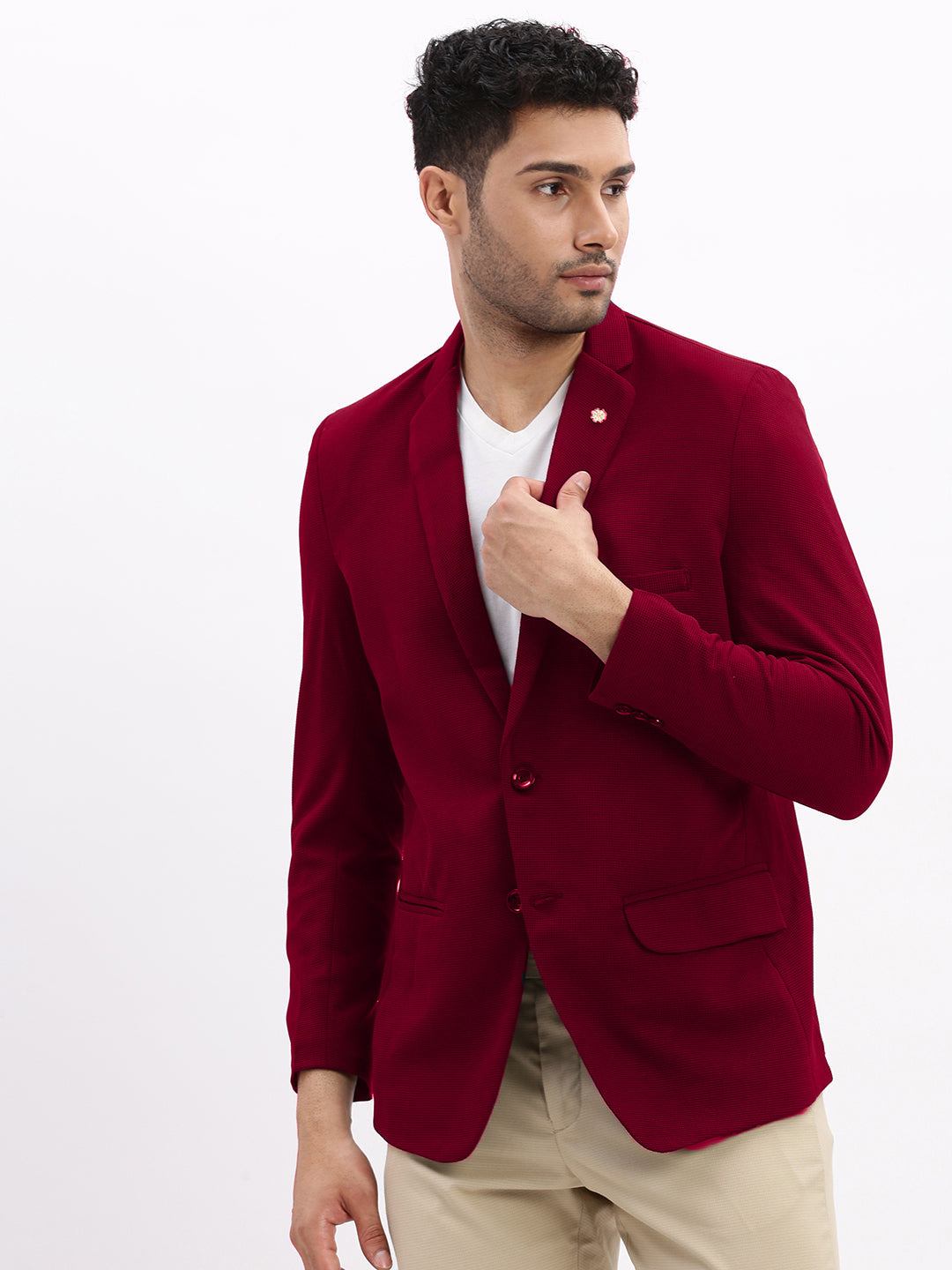 Men Burgundy Solid Single Breasted Blazer