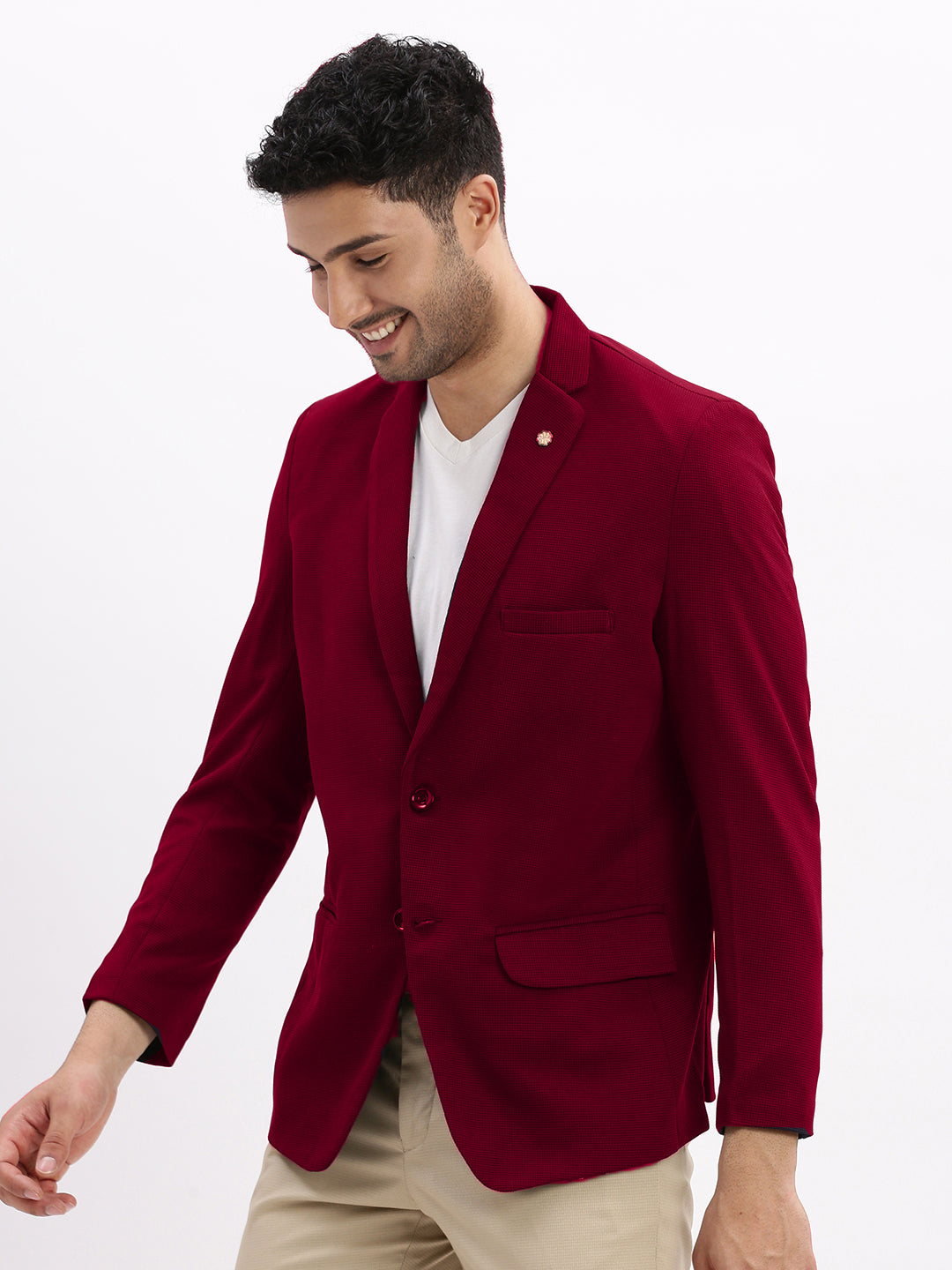 Men Burgundy Solid Single Breasted Blazer