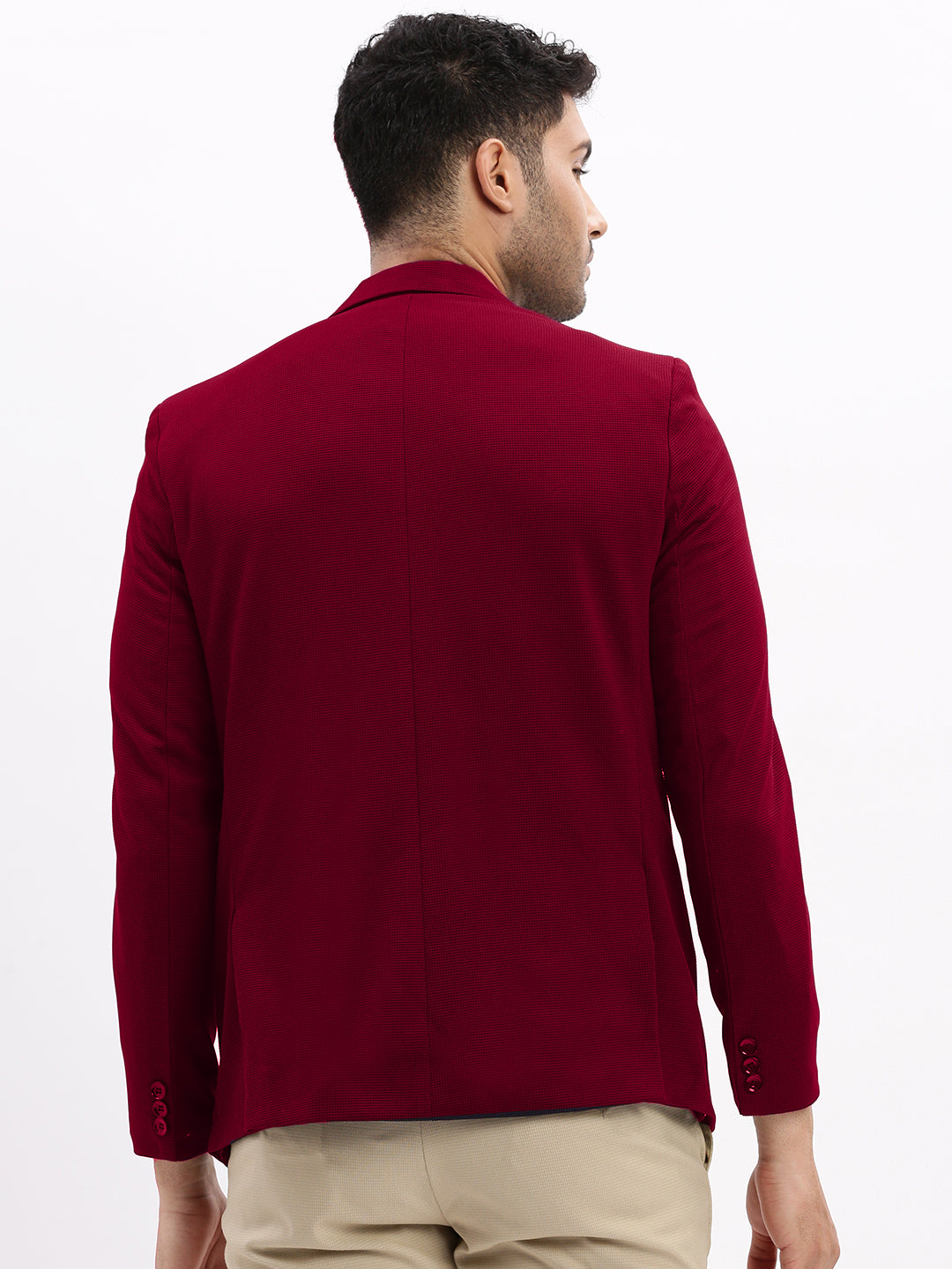 Men Burgundy Solid Single Breasted Blazer