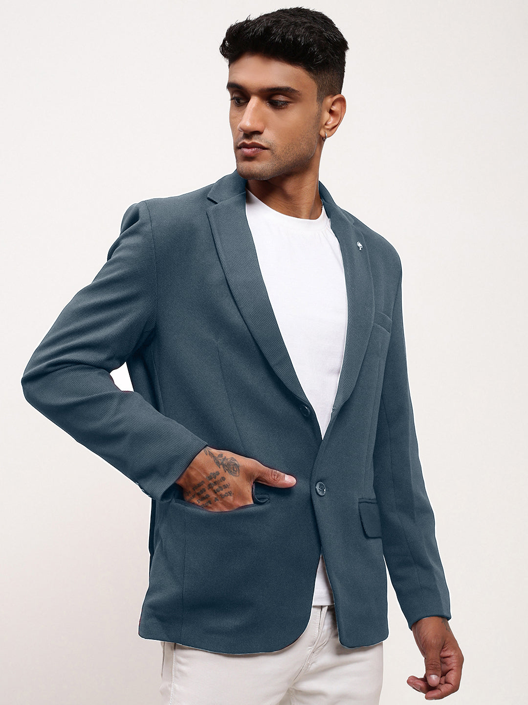 Men Charcoal Solid Single Breasted Blazer