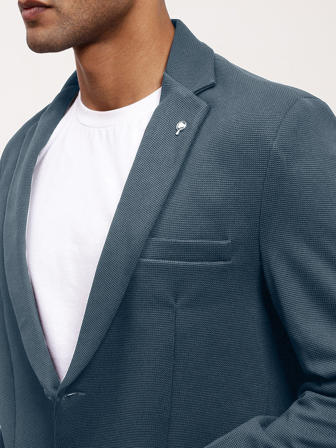 Men Charcoal Solid Single Breasted Blazer