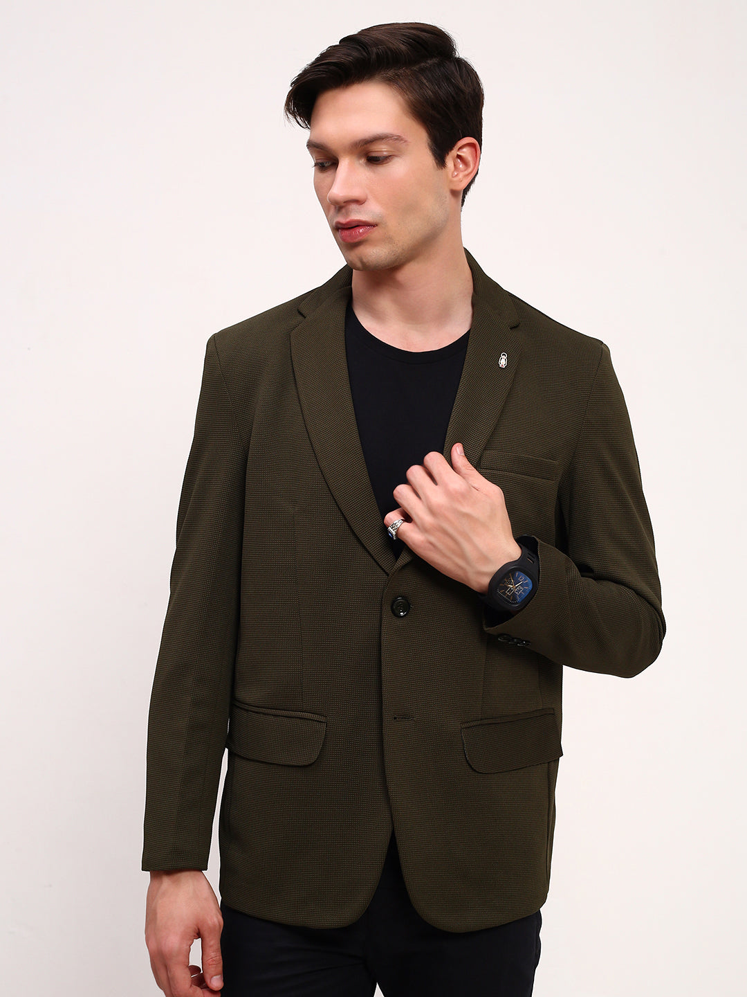 Men Green Solid Single Breasted Blazer