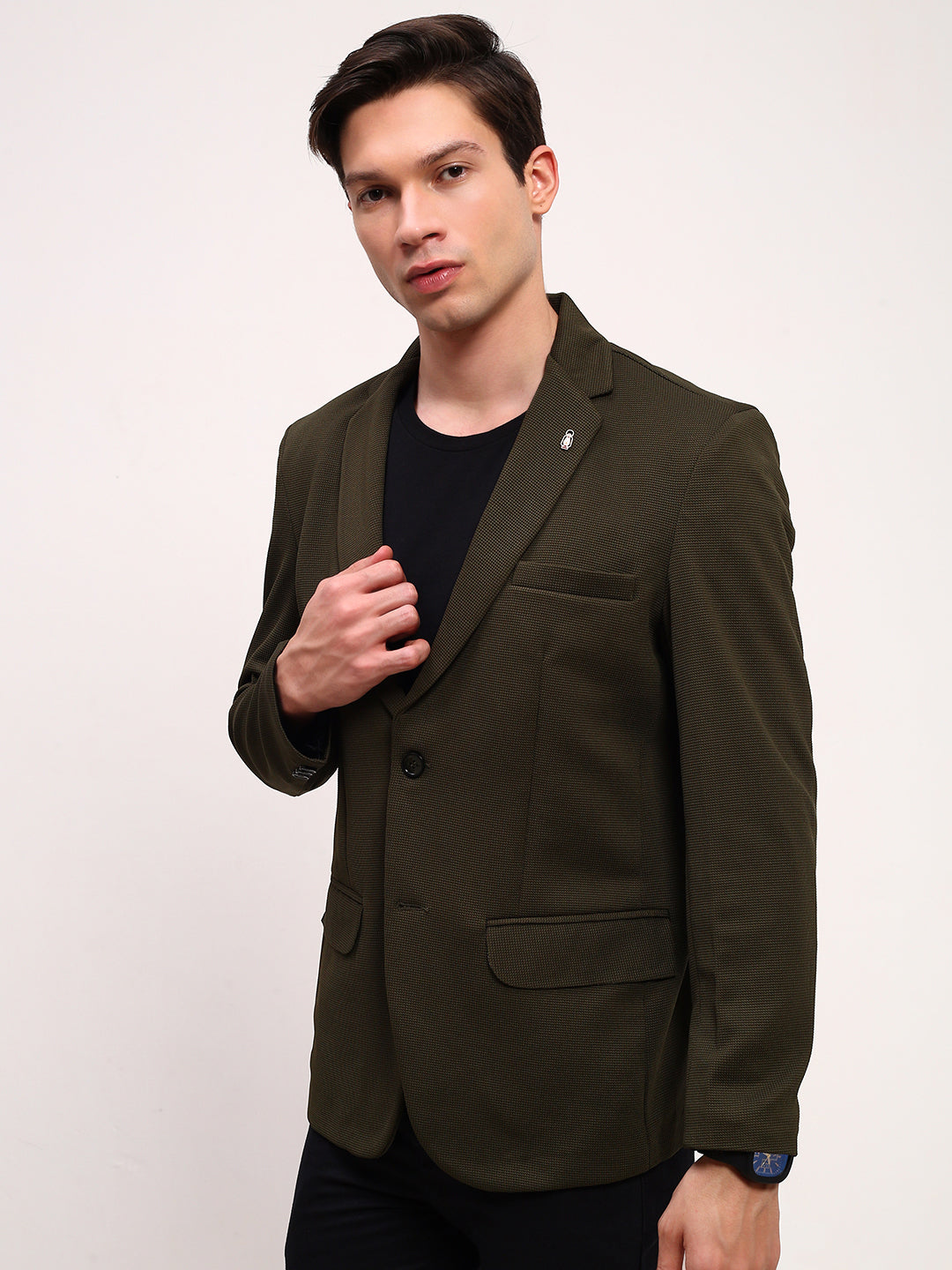 Men Green Solid Single Breasted Blazer