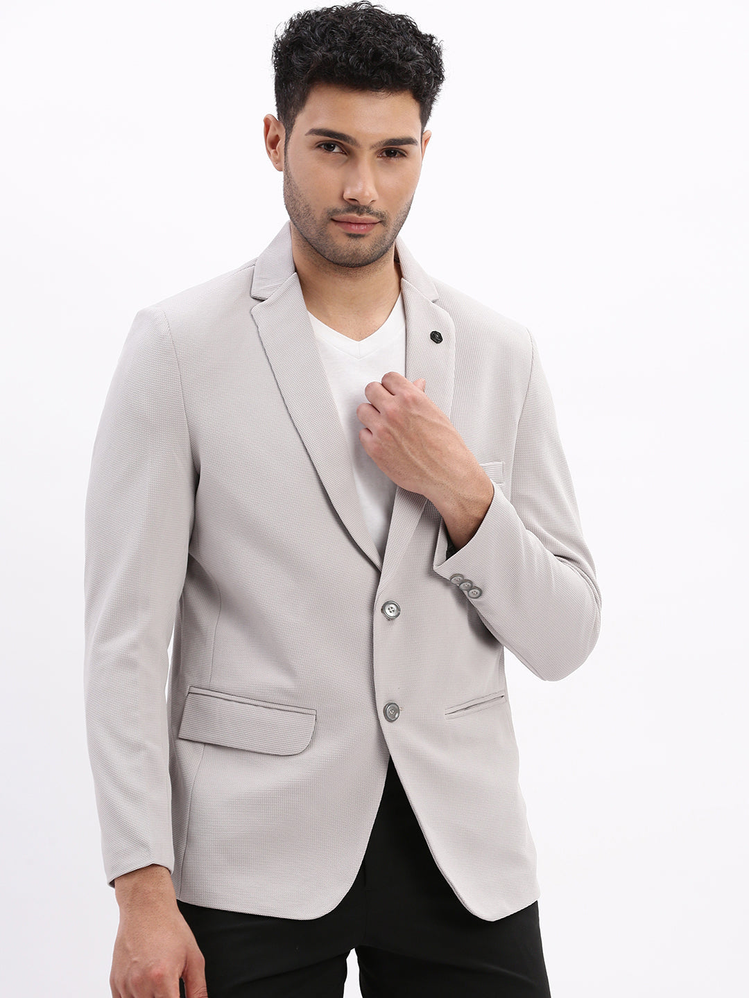 Men Solid Grey Single Breasted Blazer