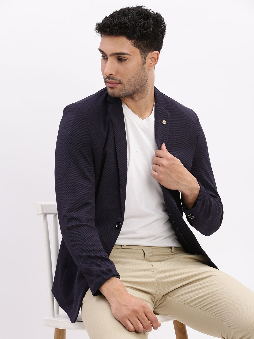 Men Solid Navy Blue Single Breasted Blazer