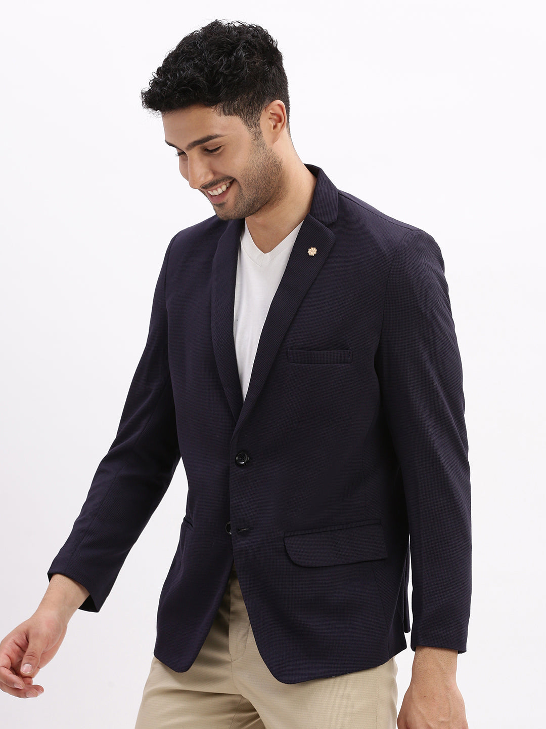 Men Solid Navy Blue Single Breasted Blazer