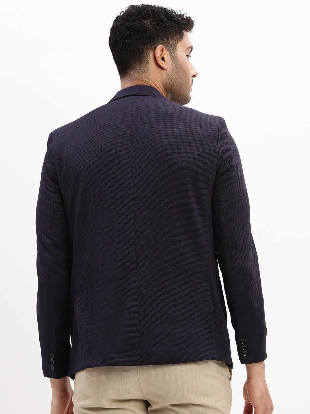 Men Solid Navy Blue Single Breasted Blazer