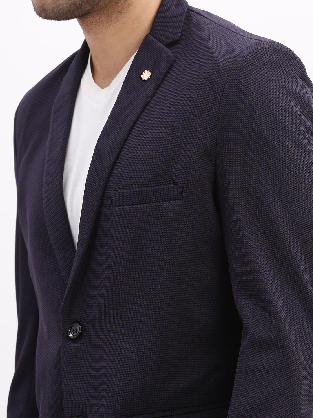 Men Solid Navy Blue Single Breasted Blazer