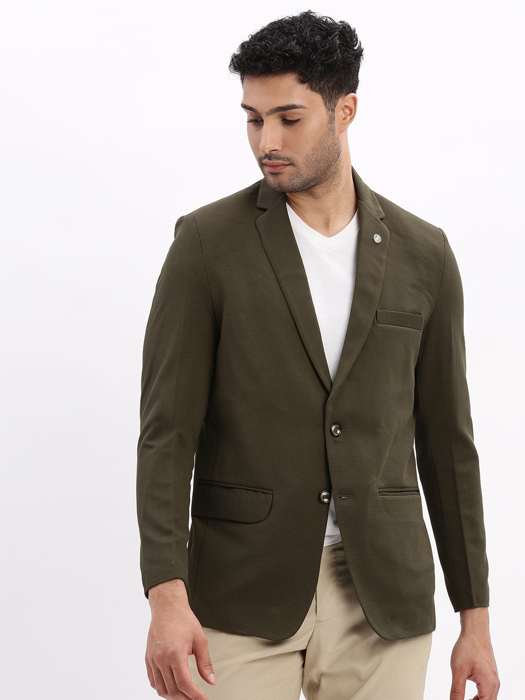 Men Solid Olive Single Breasted Blazer