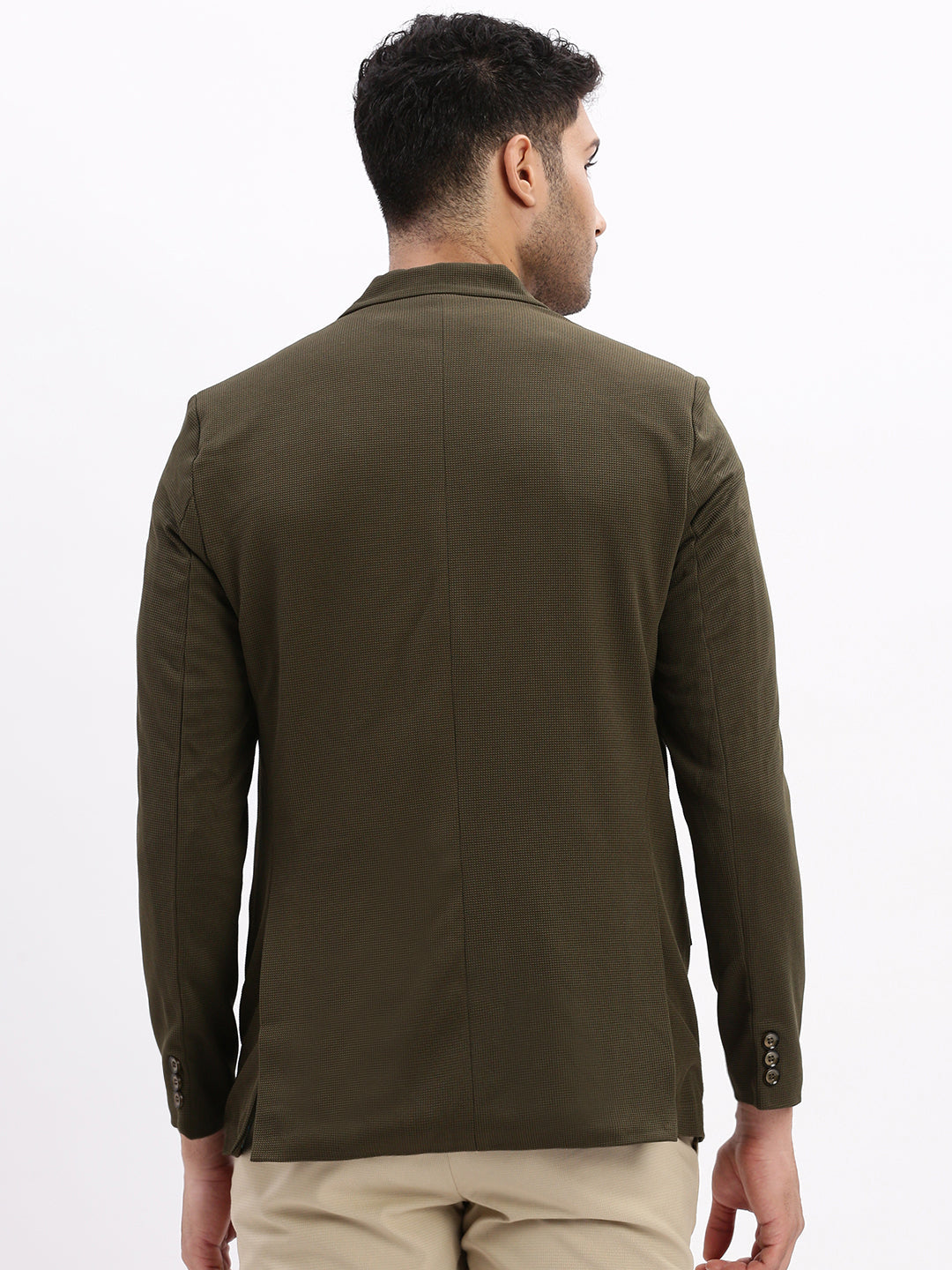 Men Solid Olive Single Breasted Blazer