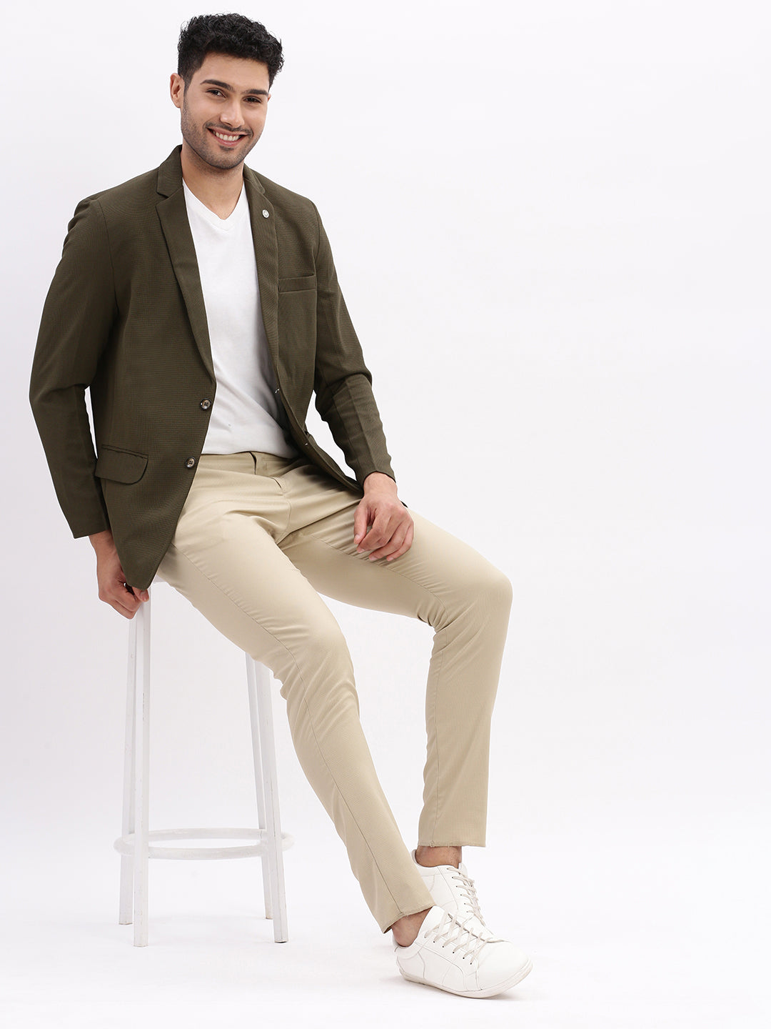 Men Solid Olive Single Breasted Blazer