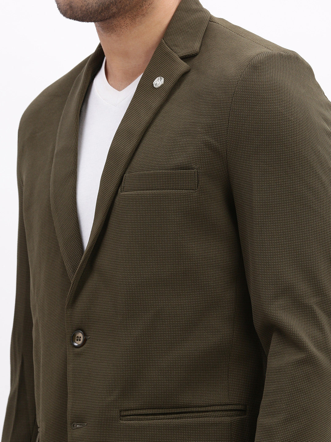 Men Solid Olive Single Breasted Blazer