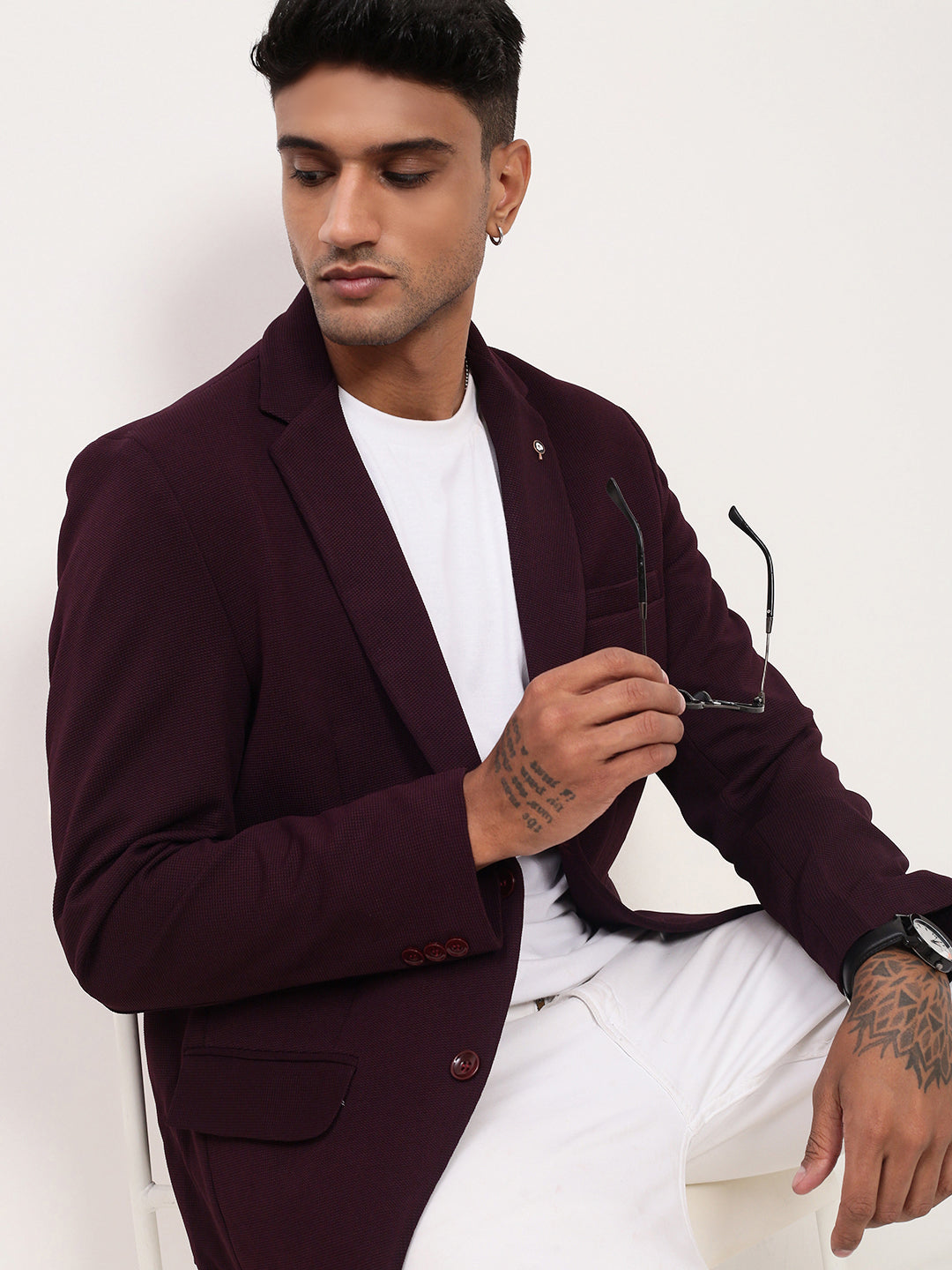 Men Purple Solid Single Breasted Blazer