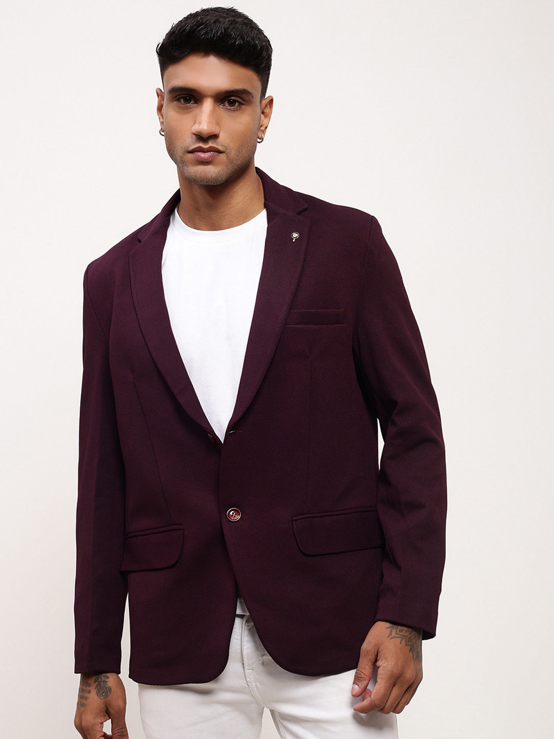 Men Purple Solid Single Breasted Blazer