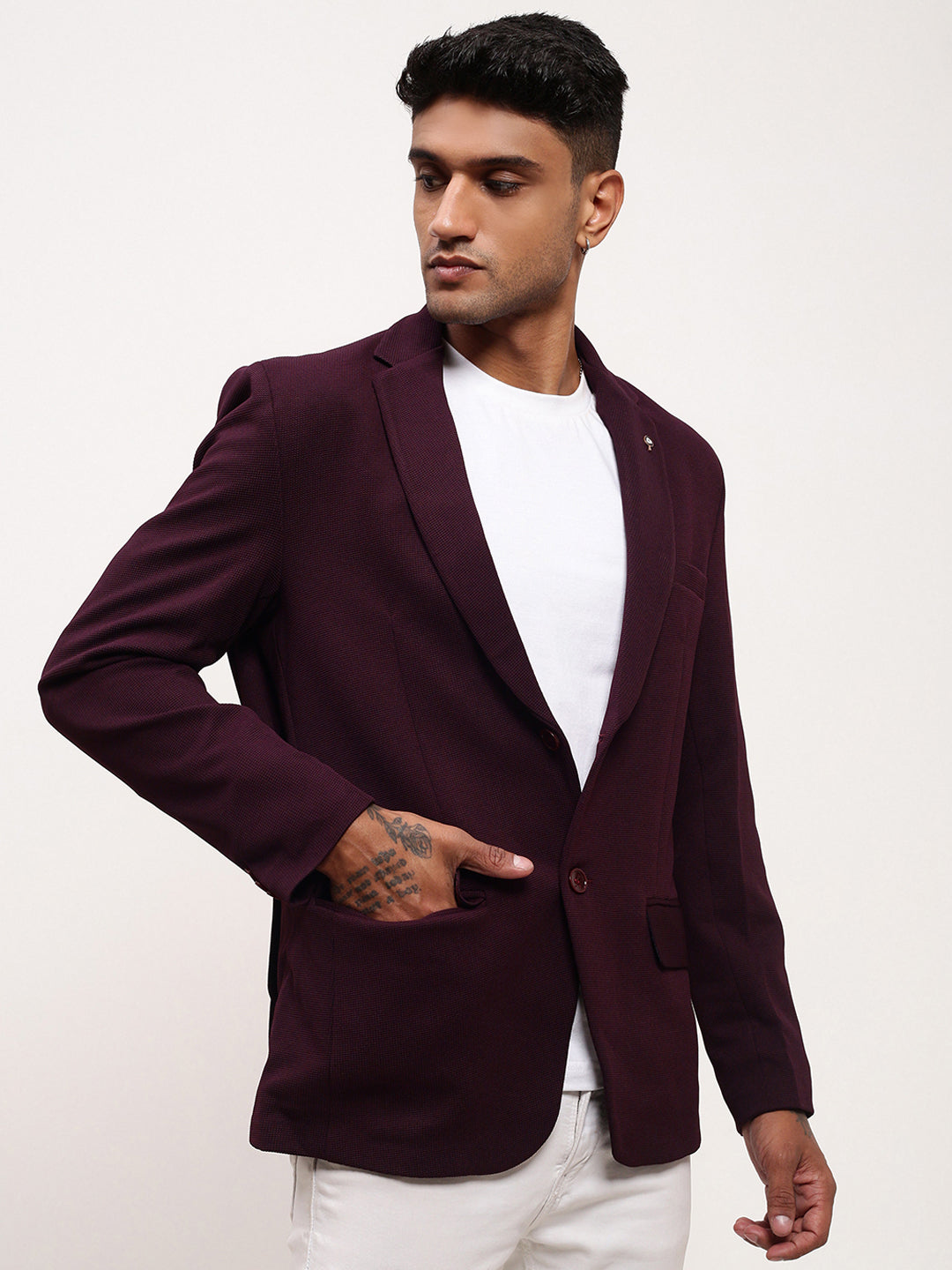 Men Purple Solid Single Breasted Blazer