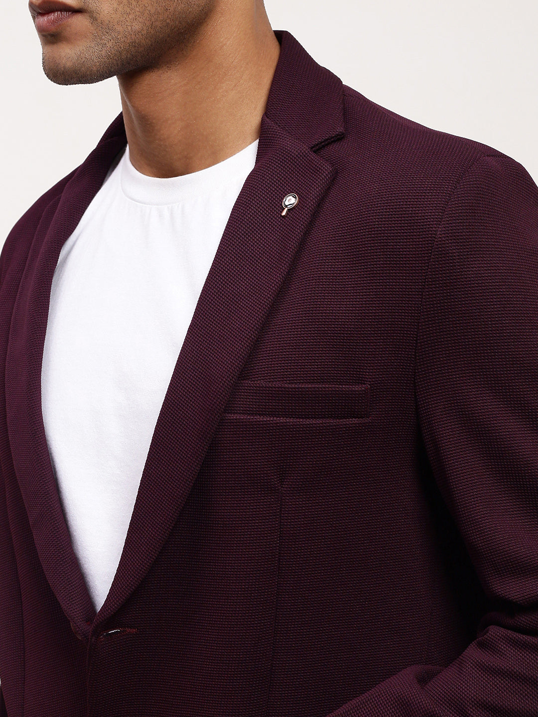 Men Purple Solid Single Breasted Blazer