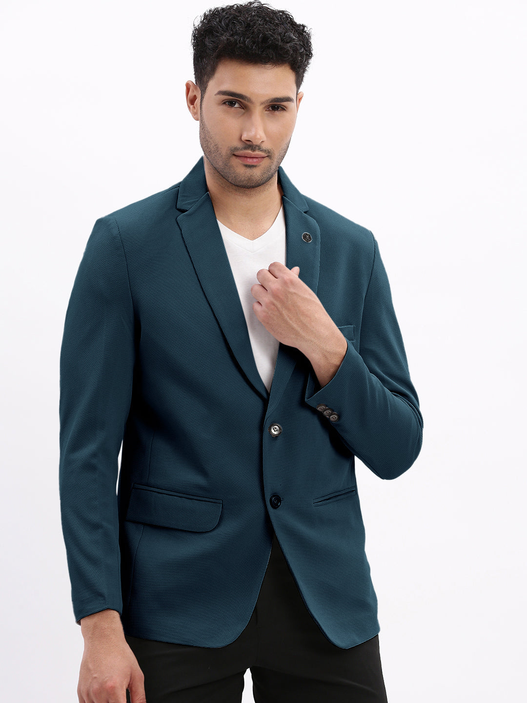 Men Teal Solid Single Breasted Blazer