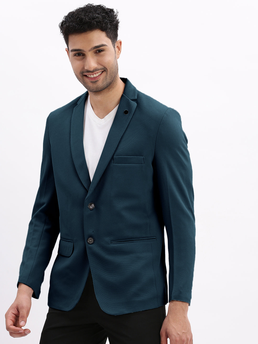 Men Teal Solid Single Breasted Blazer