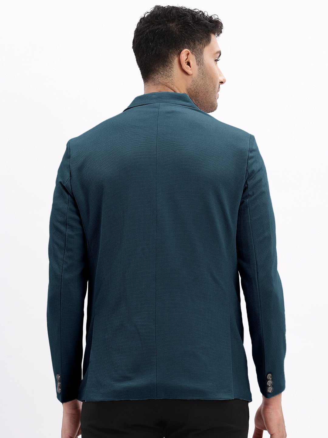 Men Teal Solid Single Breasted Blazer